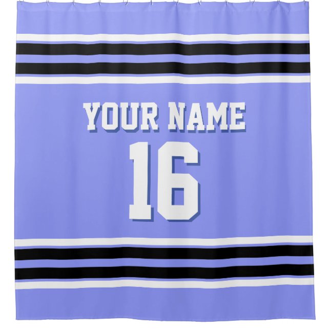 Periwinkle Blue Black White Stripes Sports Jersey Shower Curtain (Front)