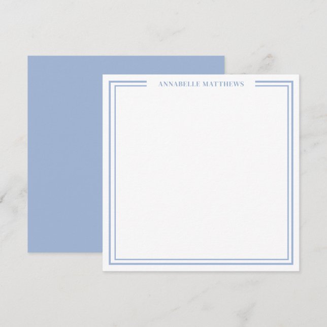 Periwinkle Blue Border Name Monogram Square Note Card (Front/Back)