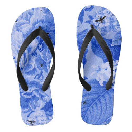 Periwinkle Blue Botanical  Bugs Floral Toile Flip Flops