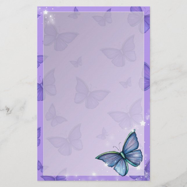 Periwinkle Blue Butterfly Fantasy Art Stationery (Front)