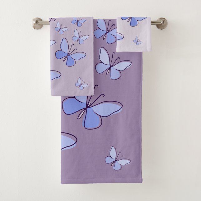 Periwinkle Blue Butterfly Flutter Lavender Gray Bath Towel Set (Insitu)