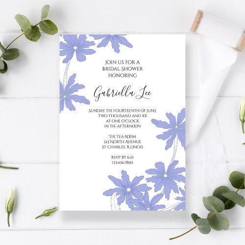 Periwinkle Blue Daisies on White Bridal Shower Invitation