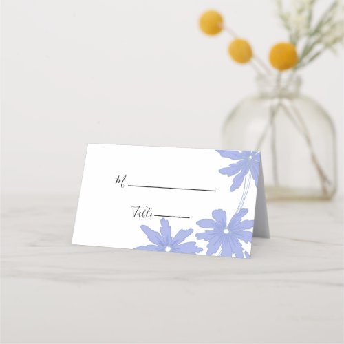 Periwinkle Blue Daisies on White Floral Wedding Place Card