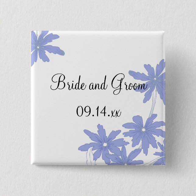 Periwinkle Blue Daisies on White Wedding Button (Front)