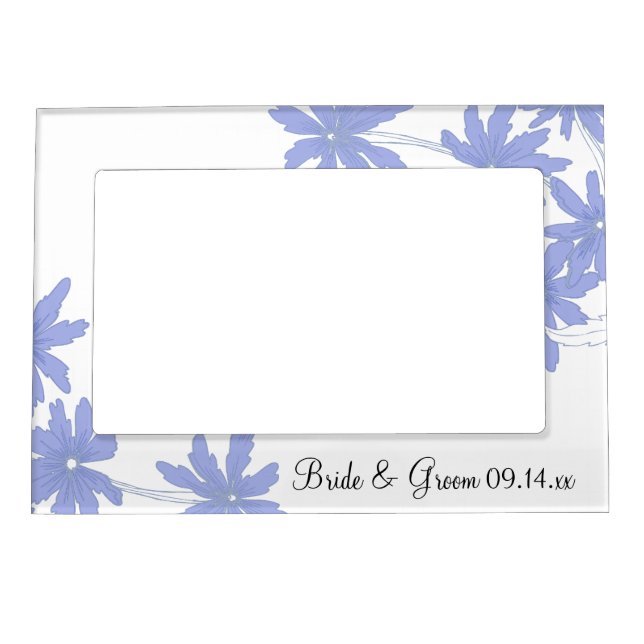 Periwinkle Blue Daisies on White Wedding Magnetic Picture Frame (Front)