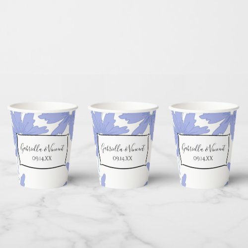 Periwinkle Blue Daisies on White Wedding   Paper Cups