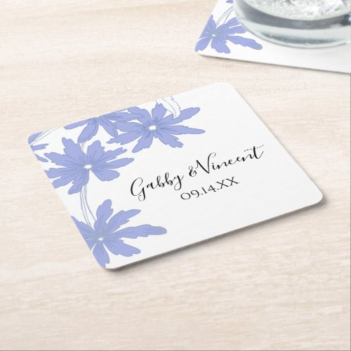 Periwinkle Blue Daisies Wedding Square Paper Coaster