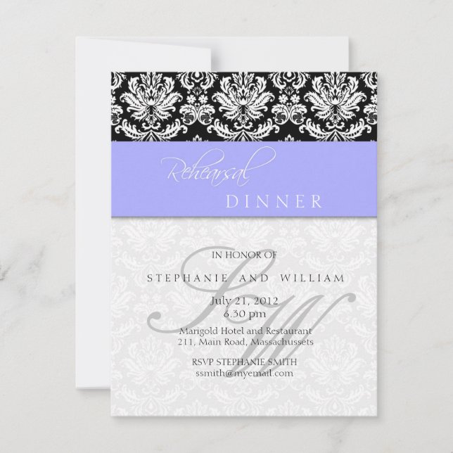 Periwinkle Blue Damask Monogram Rehearsal Dinner Invitation (Front)