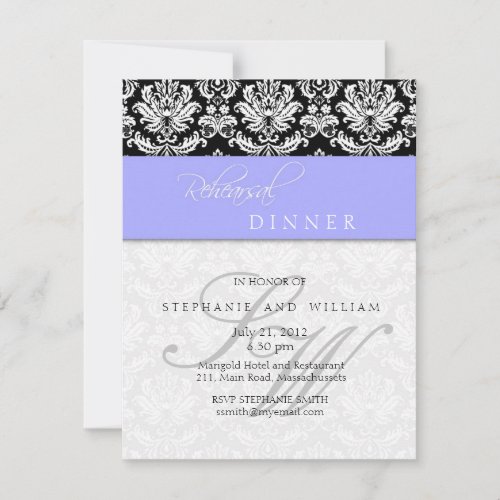 Periwinkle Blue Damask Monogram Rehearsal Dinner Invitations
