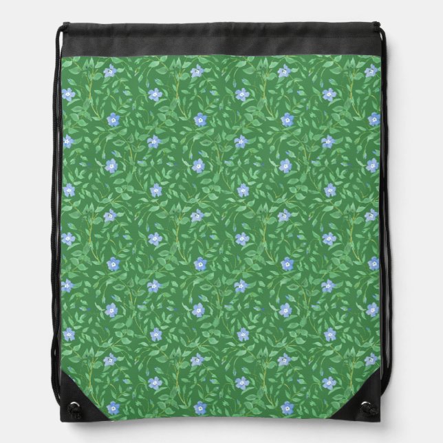 Periwinkle Blue Dark Green Country-style Floral Drawstring Bag (Front)