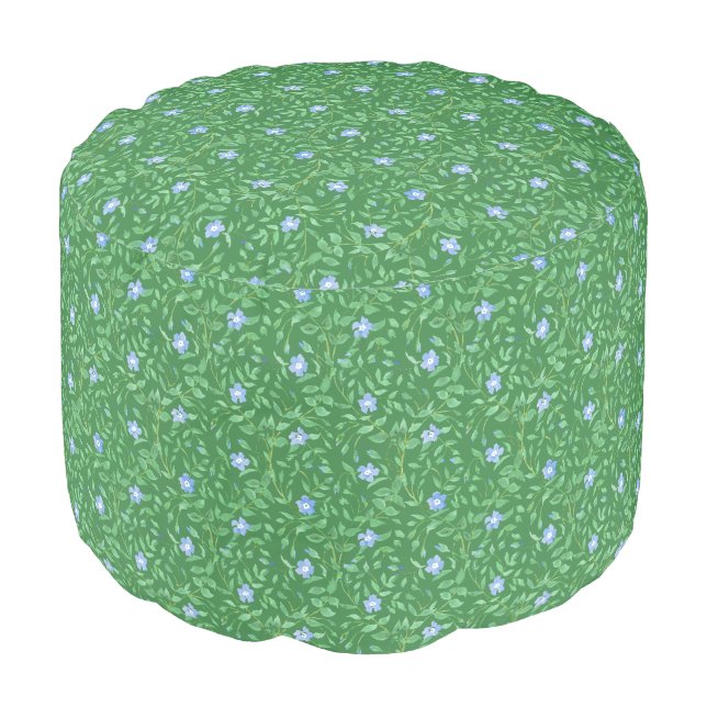 Periwinkle Blue Dark Green Country-style Floral Pouf (Angled Front)