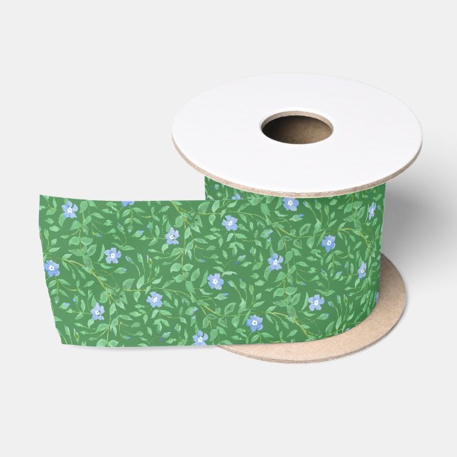 Periwinkle Blue Dark Green Country-style Floral Satin Ribbon (Spool)