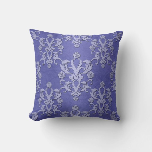 Periwinkle Blue Fancy Floral Damask Pattern Throw Pillow (Front)
