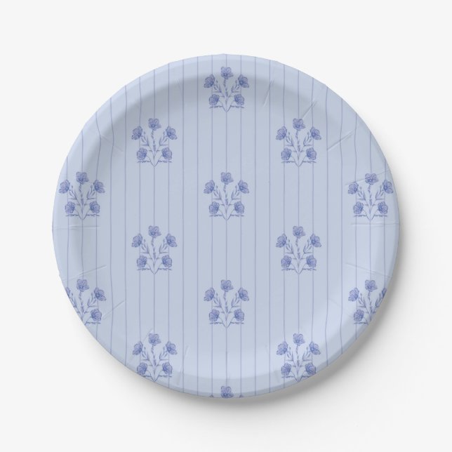 Periwinkle Blue Farm House Flower Stripes Paper Plates (Front)