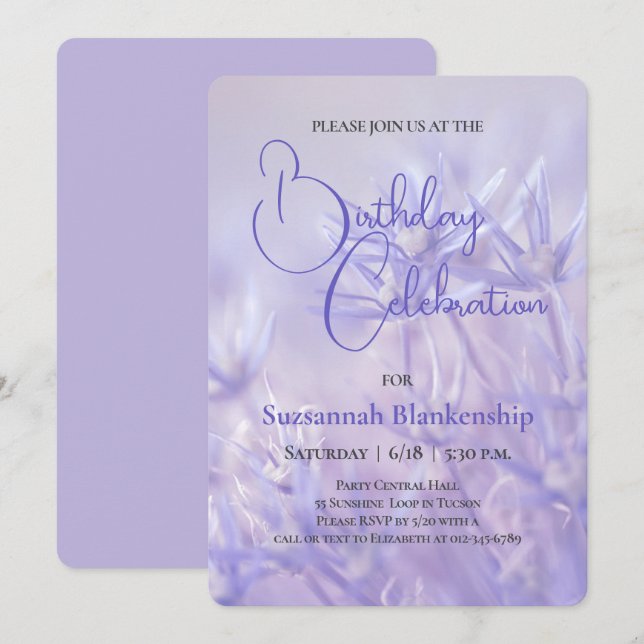 Periwinkle Blue Floral Background Birthday Party Invitation (Front/Back)