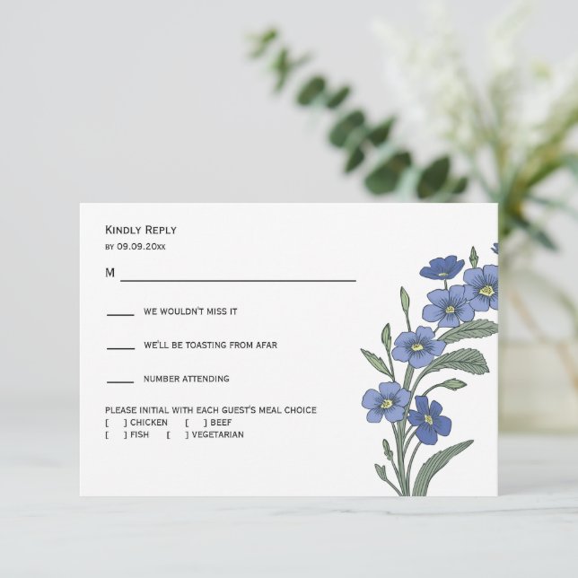 Periwinkle Blue Floral Modern Wedding Response, RSVP Card (Standing Front)