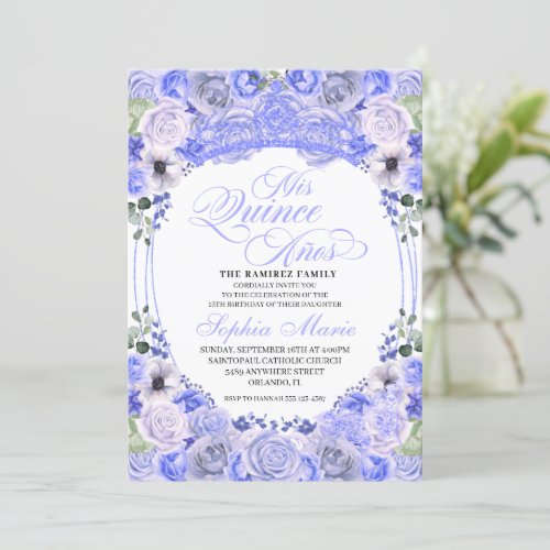 Periwinkle Blue Floral Quinceanera Birthday Invitation