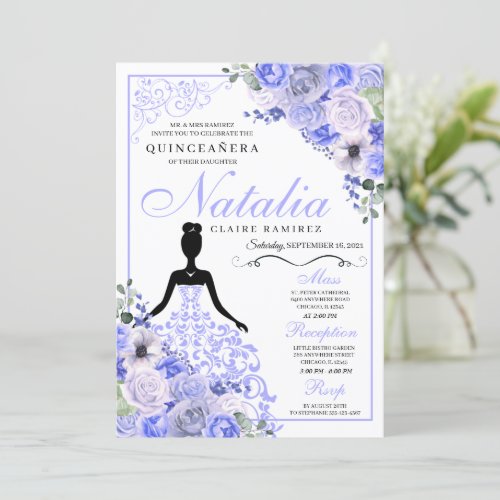 Periwinkle Blue Floral Quinceanera Birthday Invitation