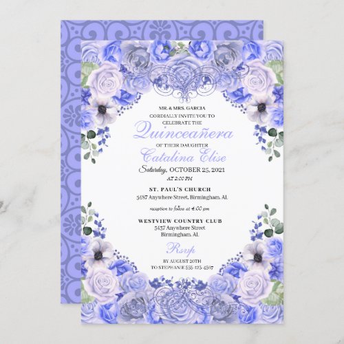 Periwinkle Blue Floral Quinceanera Birthday  Invitation
