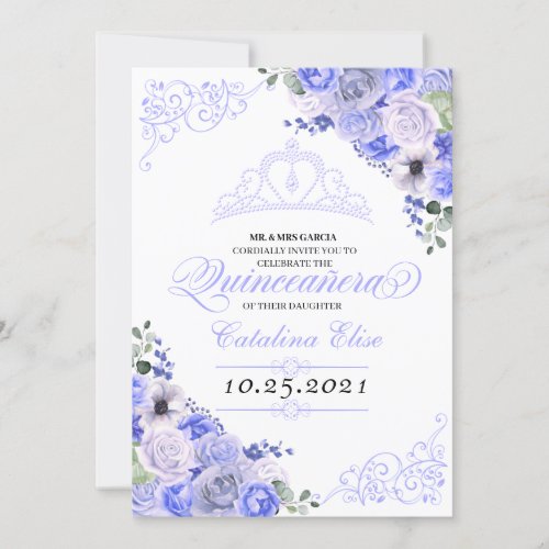 Periwinkle Blue Floral Quinceanera Birthday Invitation
