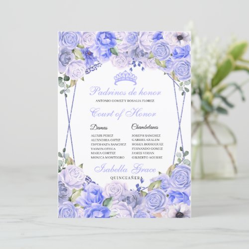 Periwinkle Blue Floral Quinceanera Court of Honor Invitation