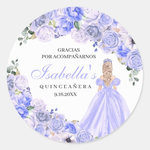 Periwinkle Blue Floral Quinceanera Round Stickers