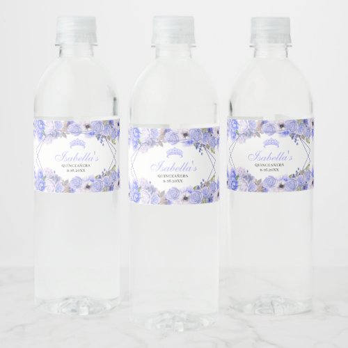 Periwinkle Blue Floral Quinceanera  Water Bottle Label