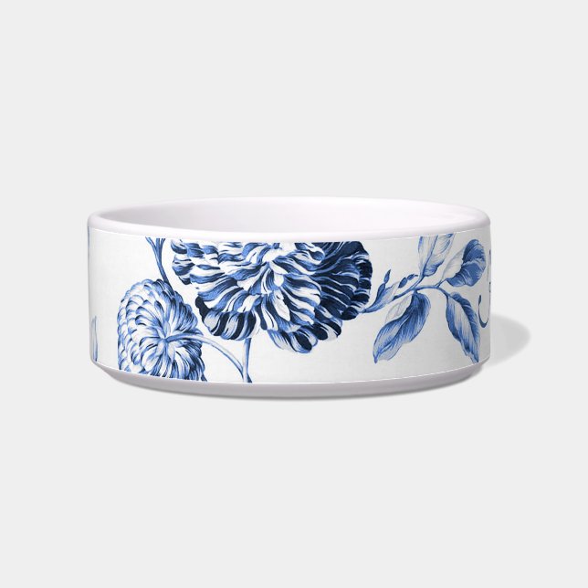 Periwinkle Blue Floral Toile Customize Pet Name Bowl (Left)