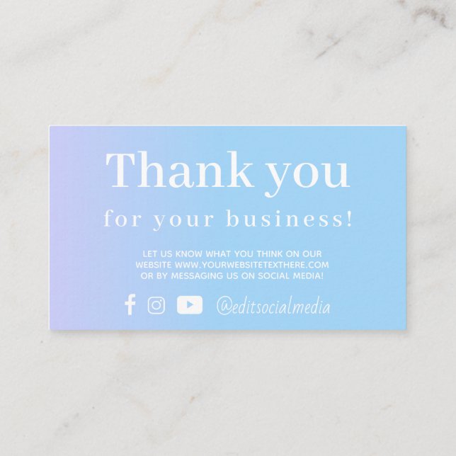 Periwinkle Blue Gradient Thank You Business Card (Back)