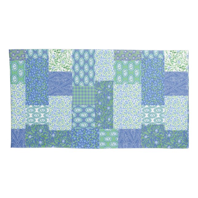 Periwinkle Blue Green Faux Patchwork Pattern Pillow Case (Back-Right)