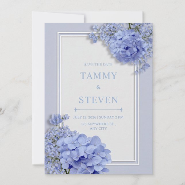 Periwinkle Blue Hydrangea Botanical Frame Wedding Invitation (Front)