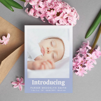 Periwinkle Blue Introducing New Baby Photo Announcement by Paperpaperpaper at Zazzle