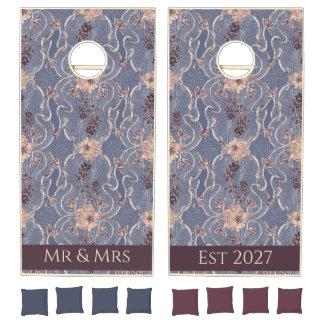 Periwinkle Blue Lace Art Nouveau Floral Wedding Cornhole Set