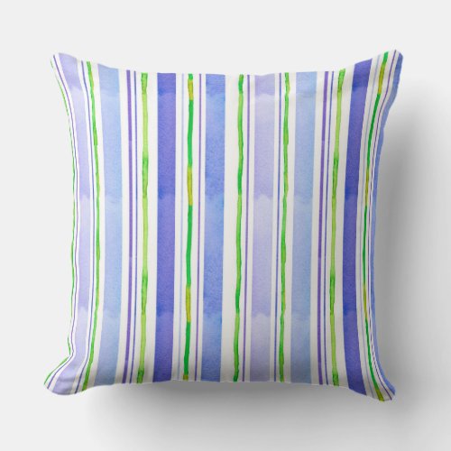 Periwinkle Blue Lime Green Watercolor Stripe Throw Pillow