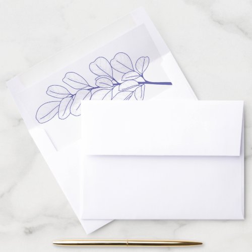 Periwinkle blue line art branch and leaves wedding envelope liner