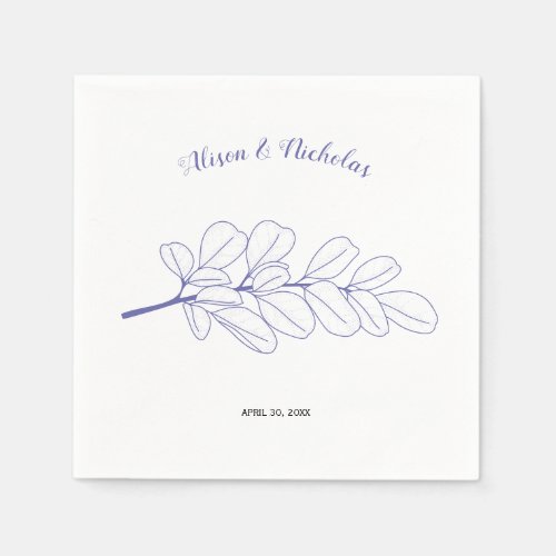 Periwinkle blue line art branch and leaves wedding napkins