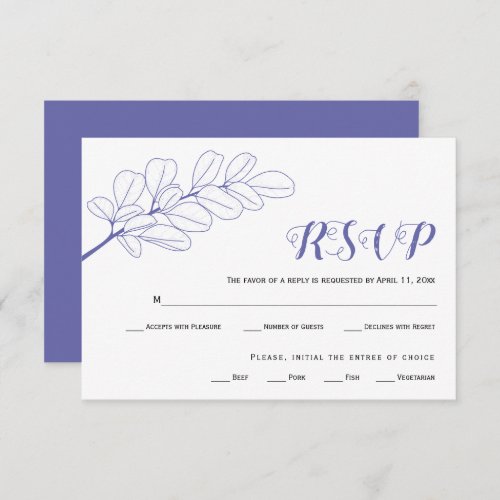 Periwinkle blue line art branch and leaves wedding RSVP card