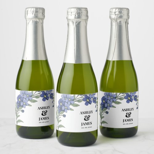 Periwinkle Blue Modern Floral Wedding Sparkling Wine Label