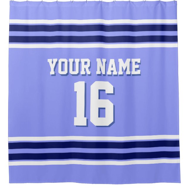 Periwinkle Blue Navy White Stripes Sports Jersey Shower Curtain (Front)