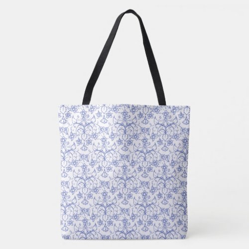 Periwinkle Blue on White Decorative Floral Pattern Tote Bag