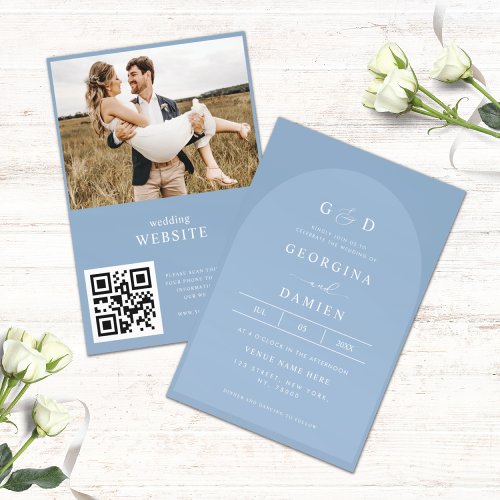 Periwinkle Blue Photo All in One QR Code Wedding Invitation