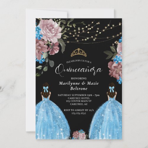 Periwinkle Blue Princess Floral Twins Quinceaera Invitation