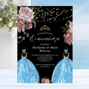 Periwinkle Blue Princess Floral Twins Quinceañera Invitation