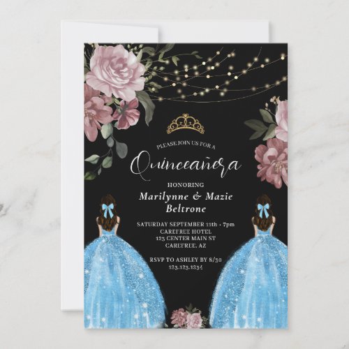 Periwinkle Blue Princess Floral Twins Quinceaera Invitation