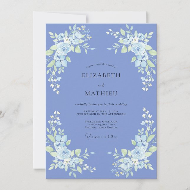 Periwinkle Blue Serene Spring Botanical Wedding Invitation (Front)