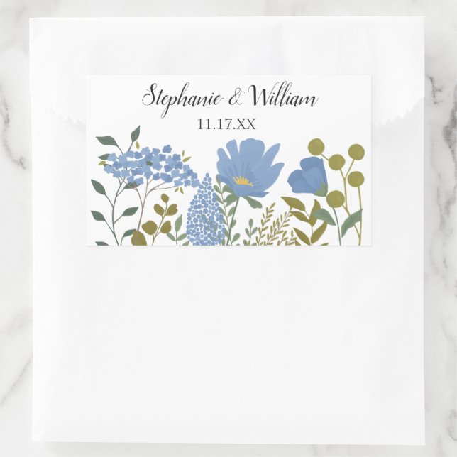 Periwinkle Blue Spring Floral Personalized Wedding Rectangular Sticker (Bag)