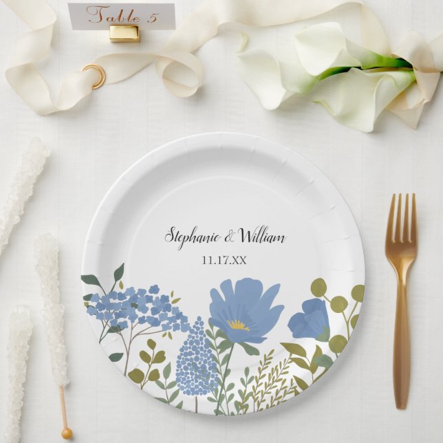 Periwinkle Blue Spring Floral Wedding Personalized Paper Plates (Wedding)