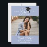 Periwinkle Blue Typography Photo Graduation Save The Date<br><div class="desc">Double sided graduation save the date card with a typography design and a photo of the graduate in a soft shade of blue. Add three more photos to the back in a clean collage. Graduation save the date template card personalized with photos.</div>