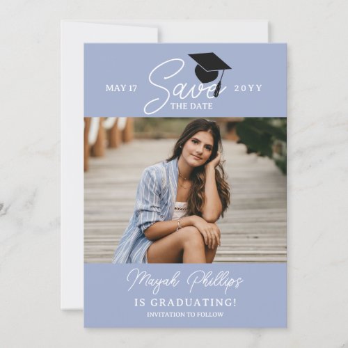 Periwinkle Blue Typography Photo Graduation Save The Date