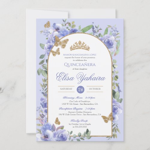 Periwinkle Blue Watercolor Golden Butterfly Quince Invitation
